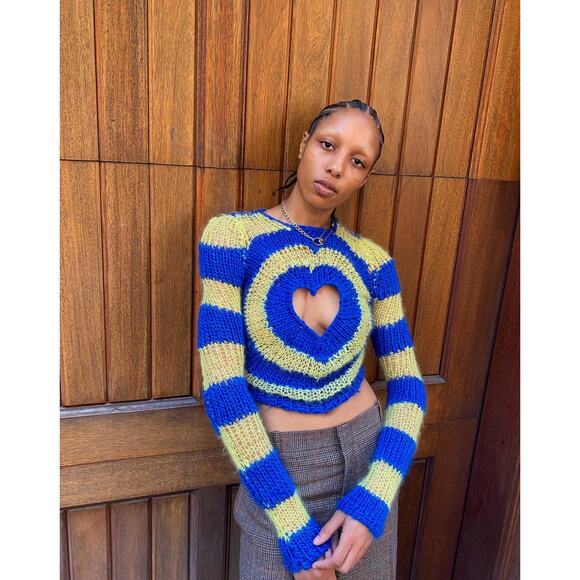 Lirika Matoshi Blue Yellow Radiant Heart Cutout Crochet Knit Fuzzy Sweater XL - Picture 1 of 7